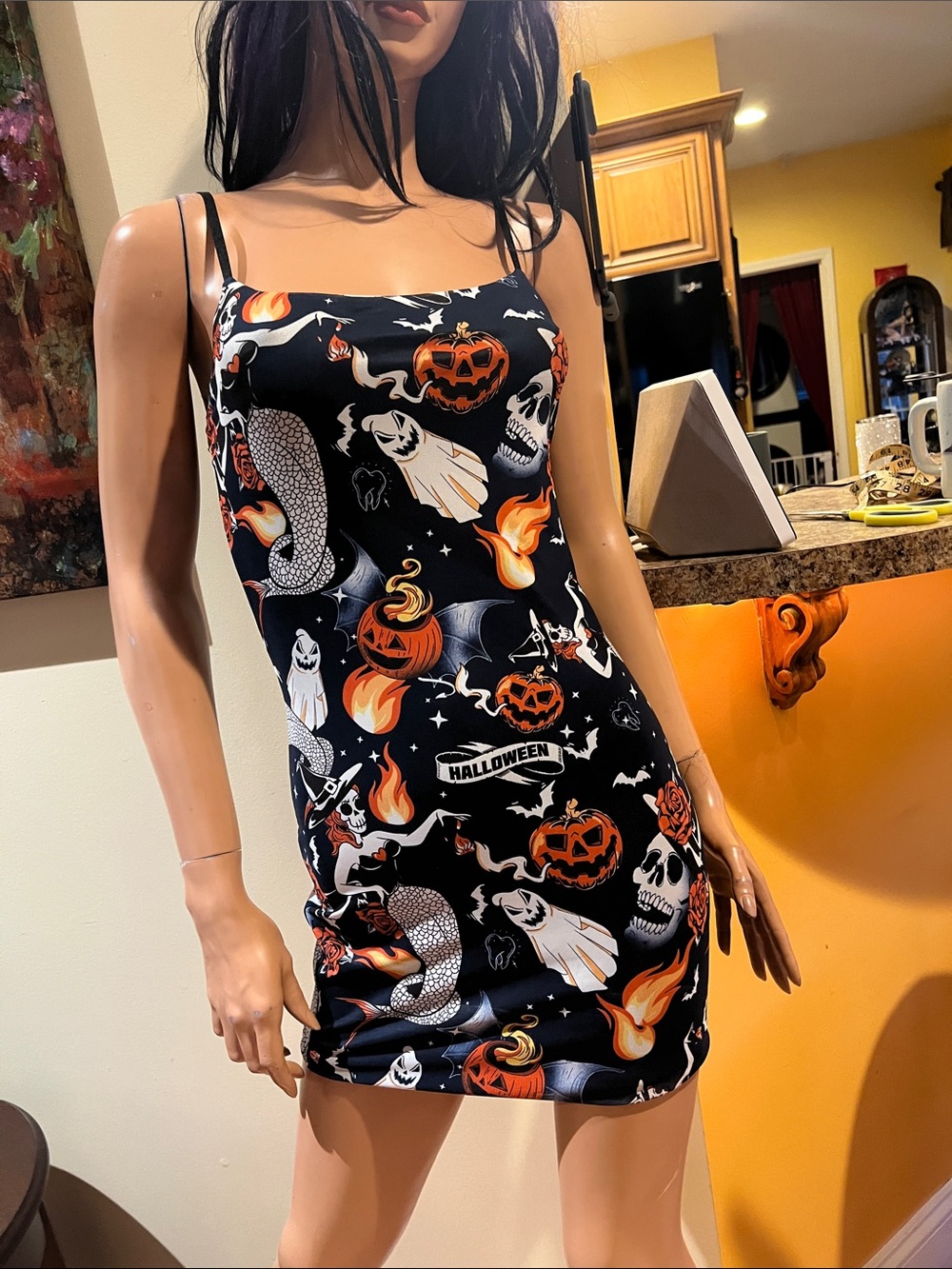 Halloween Print Black Mini Dress S bodycon